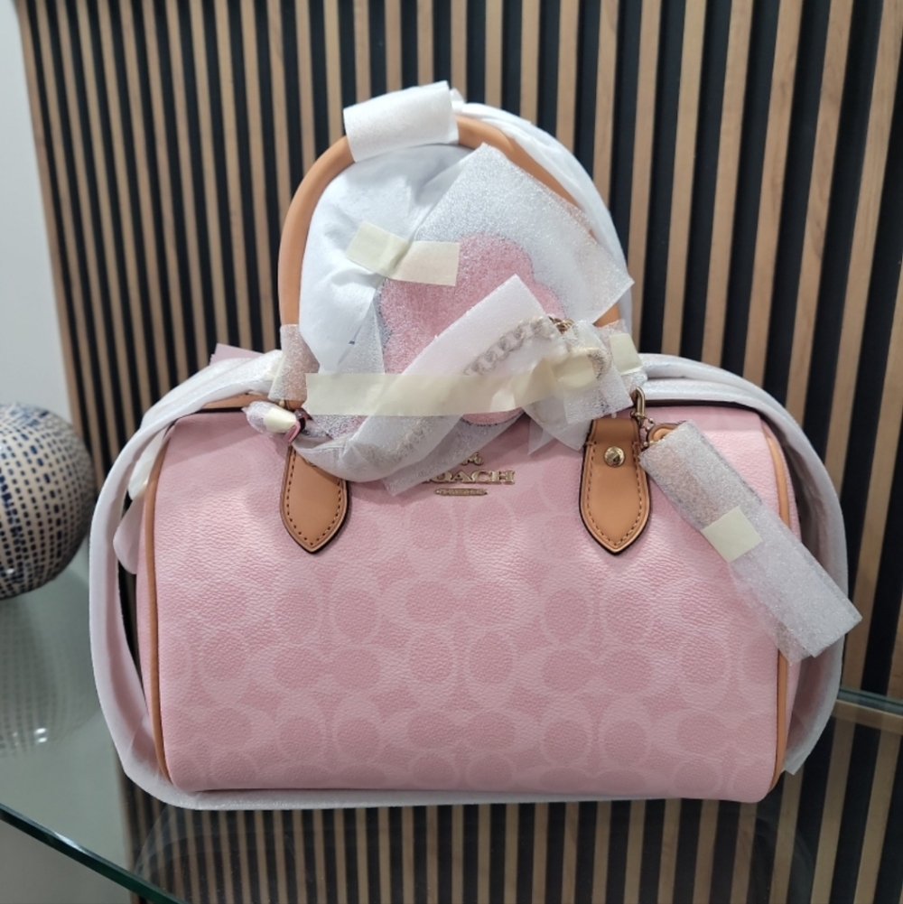 Coach Medium Rowan Satchel In Signature Canvas Powder Pink With Charms
